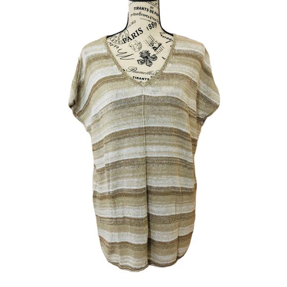 Tommy Bahama SMALL Brown Tan Striped Linen Blend Relaxed Short Sleeve Sweater - Picture 1 of 12